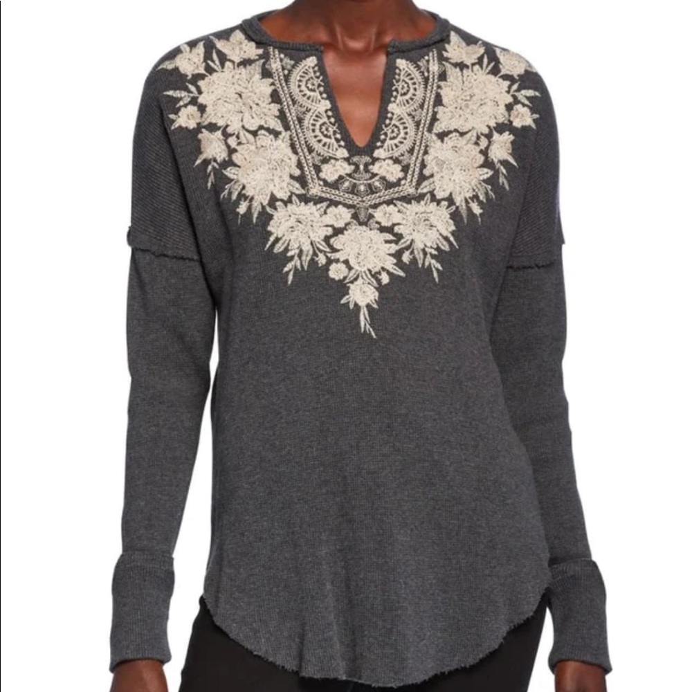 Johnny Was Christina V-Neck Thermal, Charcoal Gray, S